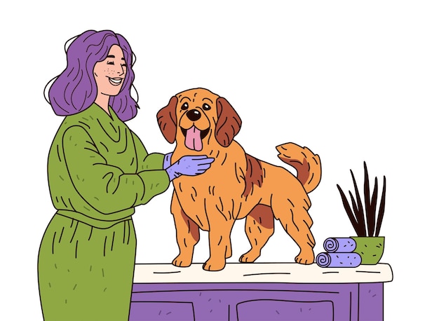 Une femme avec des cheveux violets sourit tout en soignant un chien brun heureux sur une table avec des serviettes.