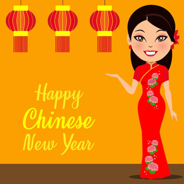 Vecteur une femme chinoise souhaitant un joyeux nouvel an chinois