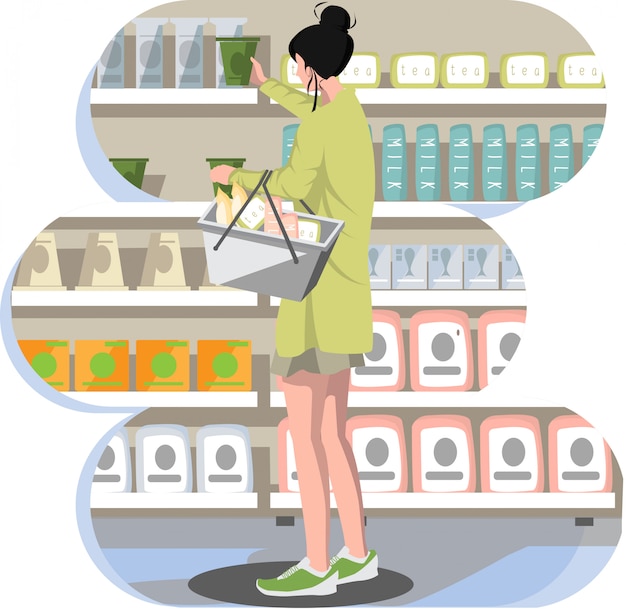 Vecteur une femme choisissant des produits à l'épicerie