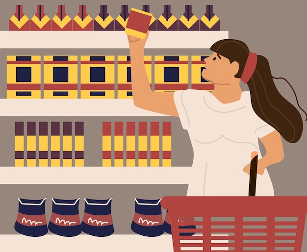 Femme Choisit Des Produits En Magasin Femme Shopping Au Supermarché Adolescent Debout Avec Panier Client Au Rack Avec Des Marchandises Acheter De La Nourriture Et Des Produits Chimiques Ménagers Illustration Vectorielle