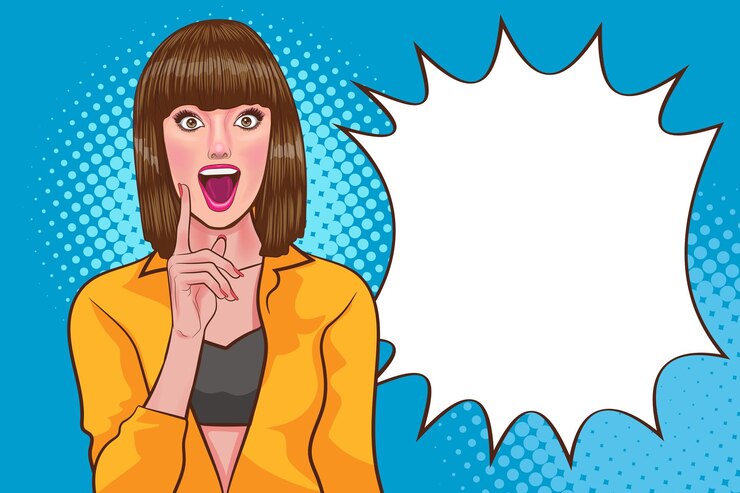 Vecteur femme choquée avec un visage étonné et une bouche ouverte wow dans un style comique pop art vintage rétro