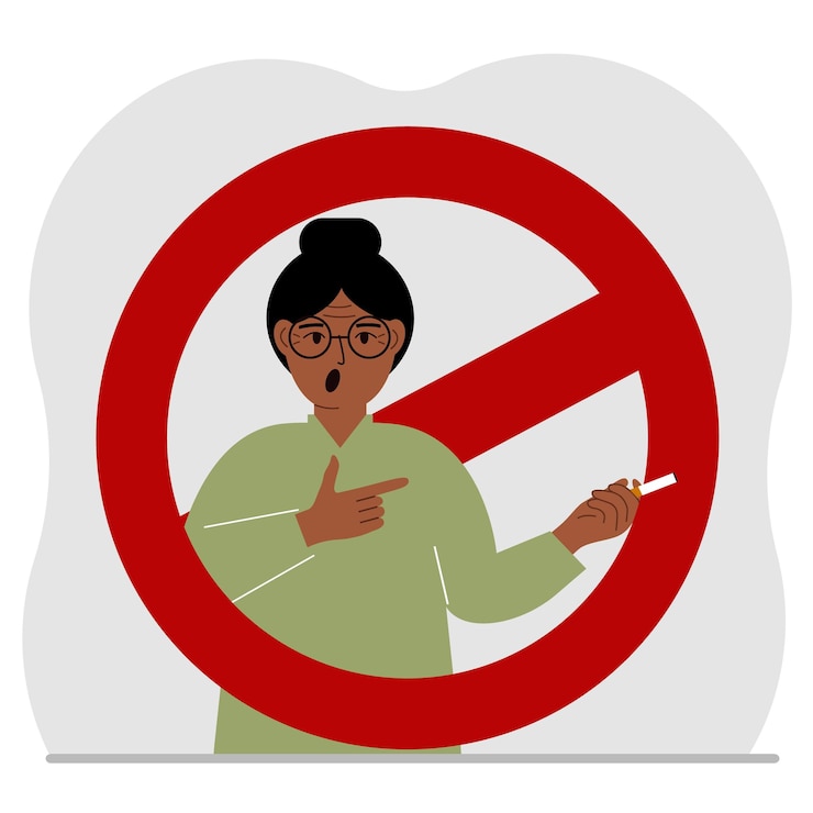 Vecteur une femme avec une cigarette à la main autour de la femme se trouve un panneau d'interdiction rouge le concept de dépendance au tabac et l'interdiction de fumer