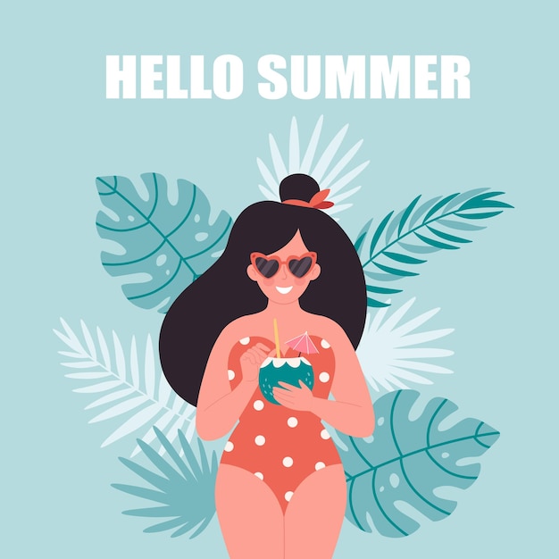 Femme avec cocktail d'été Bonjour vacances d'été fête d'été