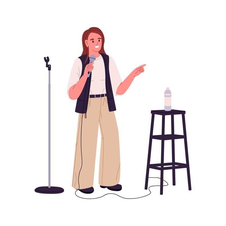 Vecteur femme comédienne exécutant une comédie stand-up debout avec microphone femme comique avec micro racontant des blagues et des histoires amusantes interprète de micro ouvert illustration vectorielle plane isolée sur fond blanc