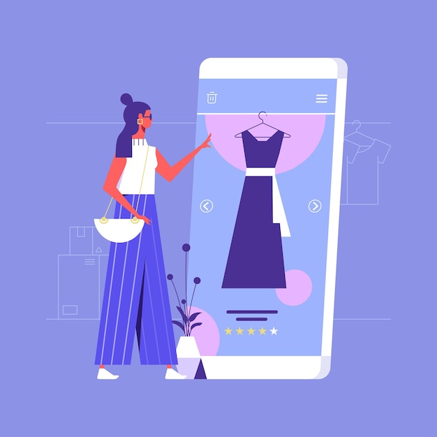 Vecteur une femme commerçante en ligne mobile achète des robes dans des boutiques en ligne faisant des achats sur les réseaux sociaux par téléphone