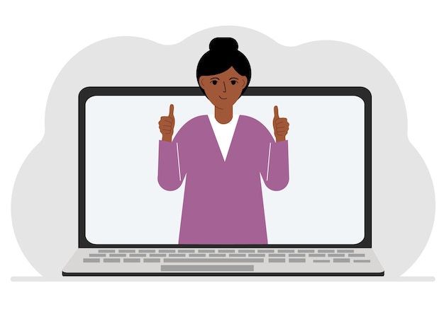Femme communique par vidéoconférence via l'écran d'un ordinateur portable Le concept de réunions en ligne webinaires travail à distance ou travail à domicile Illustration vectorielle plane