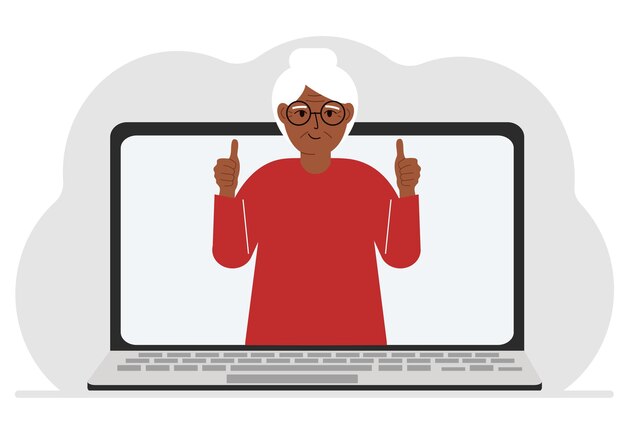 Vecteur femme communique par vidéoconférence via l'écran d'un ordinateur portable le concept de réunions en ligne webinaires travail à distance ou travail à domicile illustration vectorielle plate