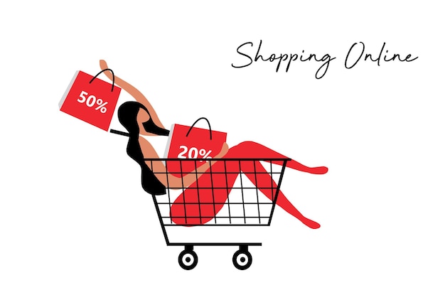 Vecteur femme de concept de magasinage en ligne utilisant l'illustration vectorielle de commande mobile shopping