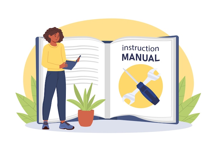 Vecteur femme avec concept de manuel d'instructions jeune fille près d'un livre ouvert avec tournevis et clé comment résoudre les problèmes à la maison guide pour les utilisateurs et les clients illustration vectorielle plate de dessin animé