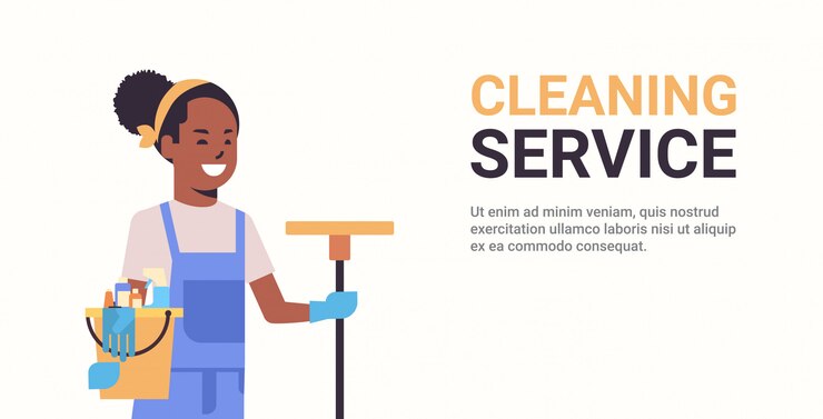 Vecteur femme concierge tenant le seau avec des outils et un concept de service de nettoyage de vadrouille souriant femme nettoyant portrait copie horizontale