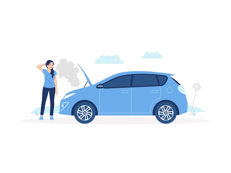 Vecteur femme confuse au bord de la route, debout devant sa voiture en panne avec de la fumée sortant de l'illustration de concept de moteur surchauffé