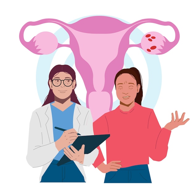 une femme consulte l'utérus du PCOS avec un médecin gynécologue en illustration plate