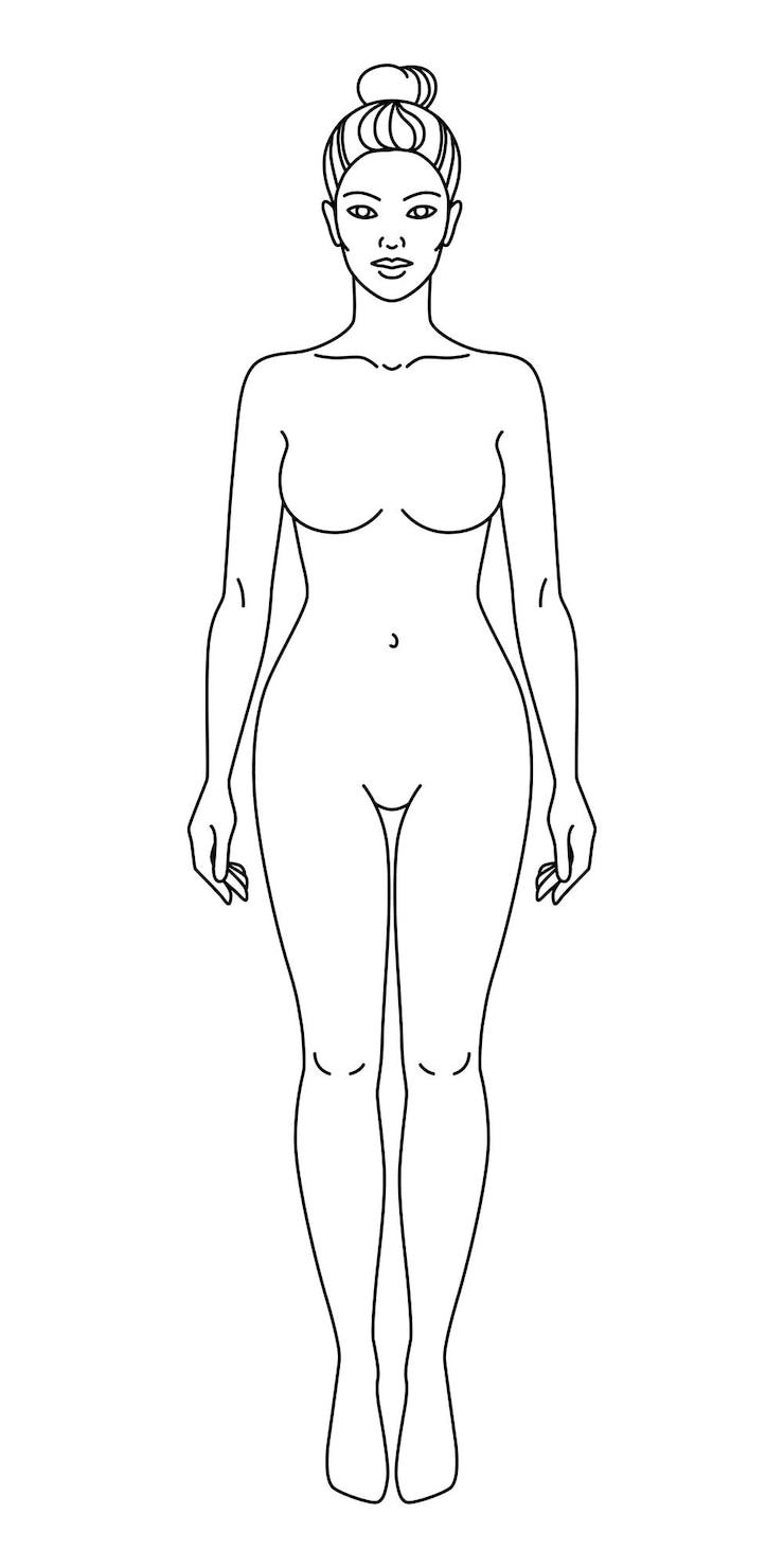 Vecteur femme corps vue de face illustration vectorielle ligne de contour isolée modèle de contour fille