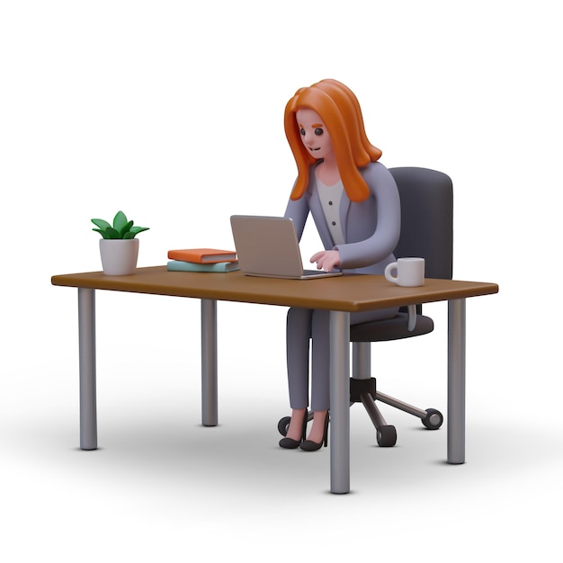 Une femme en costume d'affaires travaille au bureau. Le personnage du lieu de travail utilise un ordinateur portable