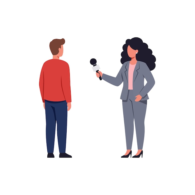 Une femme en costume gris interviewant un homme en pull rouge dans un cadre professionnel illustration vectorielle plate