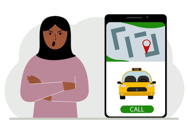 Vecteur une femme à côté d'un grand smartphone sur l'écran qui dispose d'un taxi et d'une géolocalisation le concept d'une application de taxi mobile ou la commande d'un taxi en ligne
