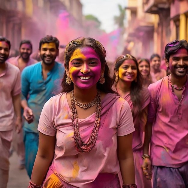 Vecteur une femme avec des couleurs de chemise holi dessus