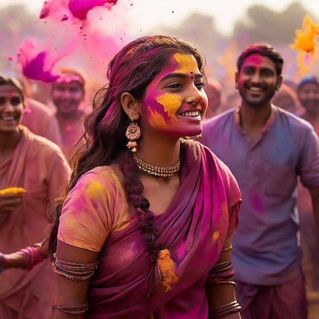 Vecteur une femme avec des couleurs de chemise holi dessus