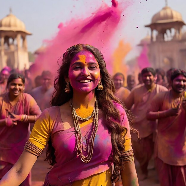 Vecteur une femme avec des couleurs de chemise holi dessus