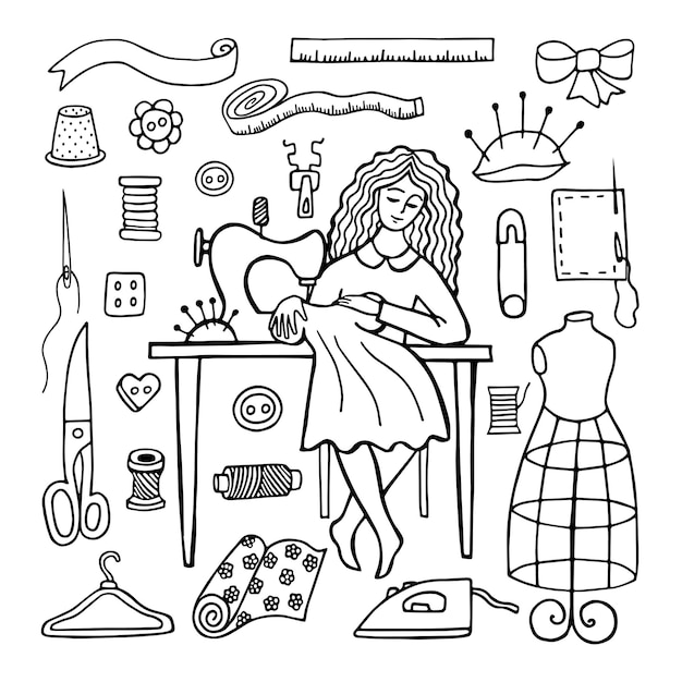 Femme couturière et accessoires de couture, dessin noir et blanc dans un style doodle.