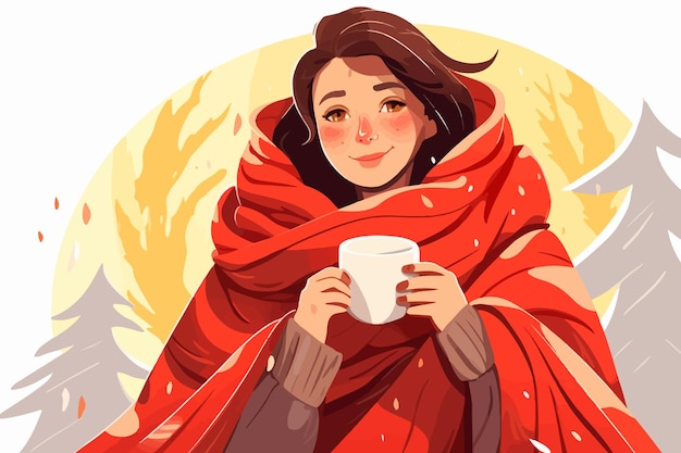 Une femme avec une couverture sur les épaules boit du thé chaud pour se remonter le moral et se sentir à l'aise dans une atmosphère chaleureuse et confortable. La fille sourit gentiment et boit du café chaud pour gagner en force avant d'aller à l'université.