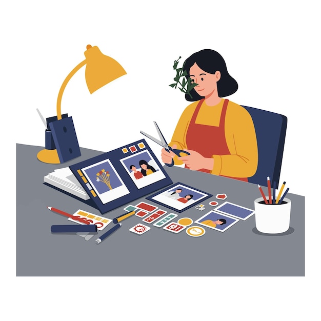 Une femme créative fabriquant un album entouré de matériaux et d'outils colorés