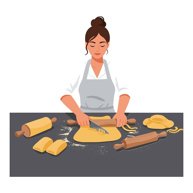 Femme cuisinant dans une cuisine avec des broches à rouler et de la pâte art vectoriel plat
