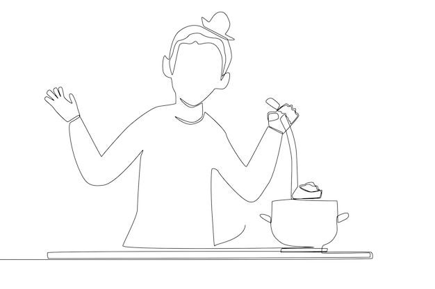 Une Femme Cuisinant Un Dessin Au Trait De Soupe