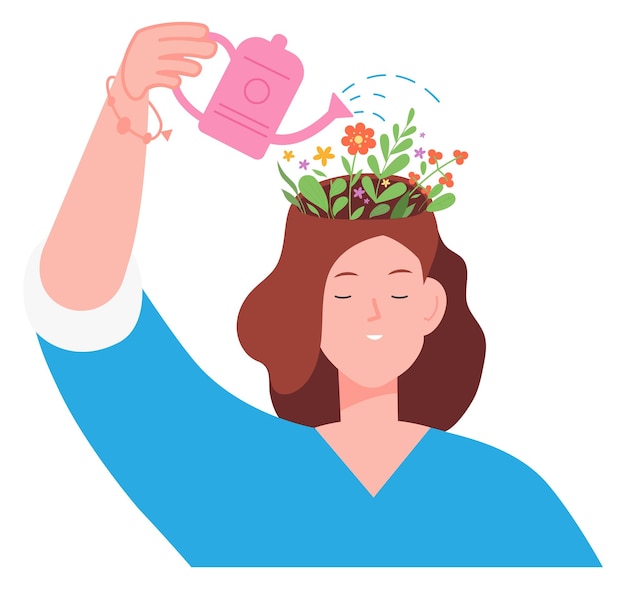Femme cultivant une plante à l'esprit Concept de croissance mentale isolé sur fond blanc