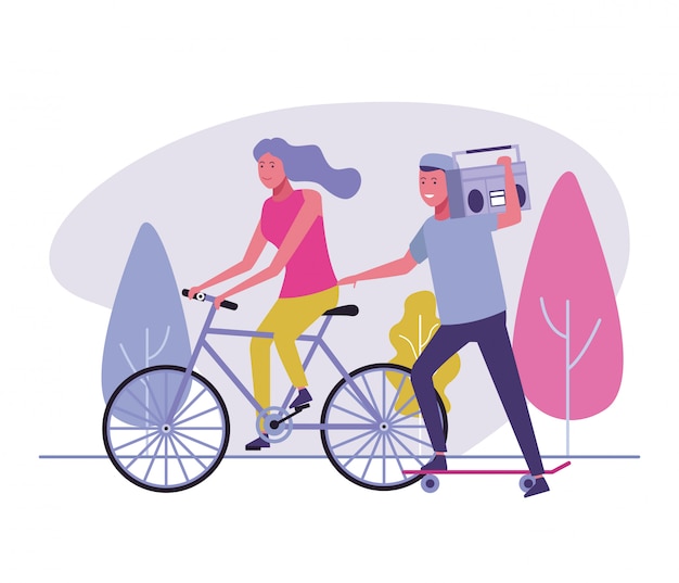 Femme, cyclisme, et, skateboard, à, boombox