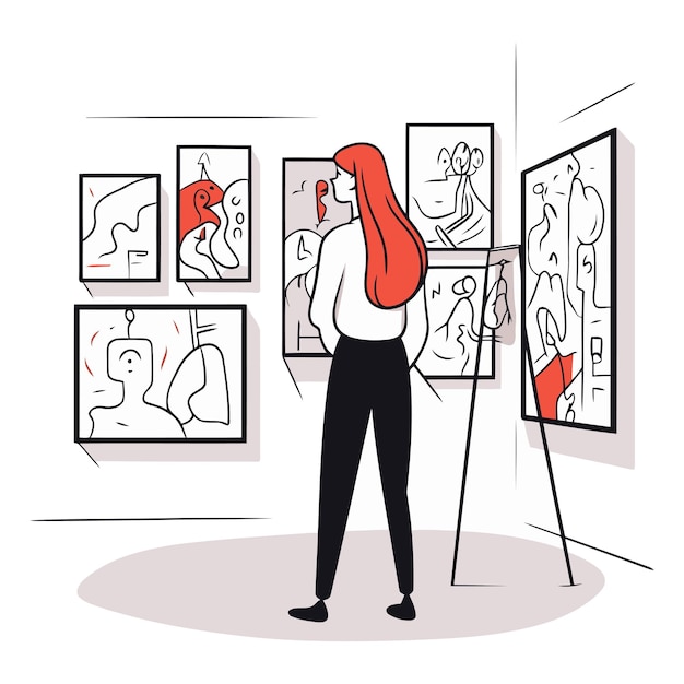 Femme Dans Une Galerie D'art Dans Le Style De Dessin Animé Plat Femme Regardant Des Peintures