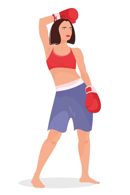 Vecteur femme dans des gants de boxe rouge sport fille pose détendue isolé sur fond blanc