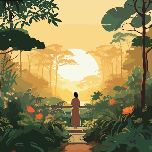 Une femme dans la jungle au lever du soleil.