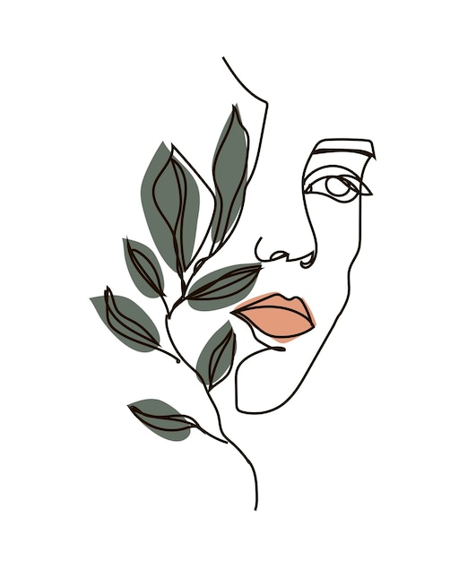 Femme Dans Le Style De Ligne Avec La Couleur Verte Et La Plante Un Concept De Dessin D'art En Ligne Visage De Femme Abstraite