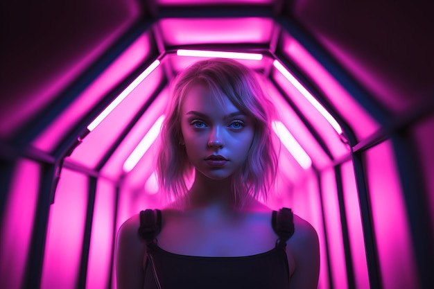 une femme dans un tunnel rose avec des lumières au néon