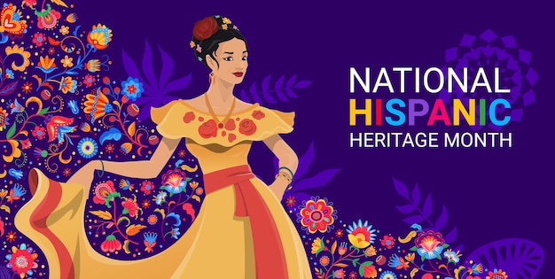 Vecteur femme dansante et fleurs tropicales sur la bannière du festival du mois du patrimoine hispanique national fond vectoriel caractéristiques personnage féminin danseuse de flamenco porter une robe traditionnelle et des fleurs colorées