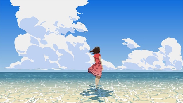 Vecteur femme debout sur la mer en regardant le ciel d'été, illustration vectorielle