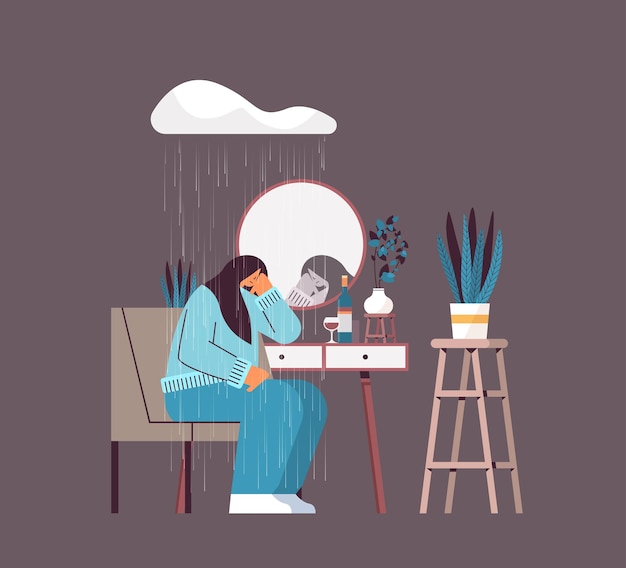 Femme Déprimée Malheureuse Sous Un Nuage De Pluie Regardant Une Fille Miroir Se Sentant Désespérée Maladies Mentales Dépression Stress Concept Illustration Vectorielle Pleine Longueur