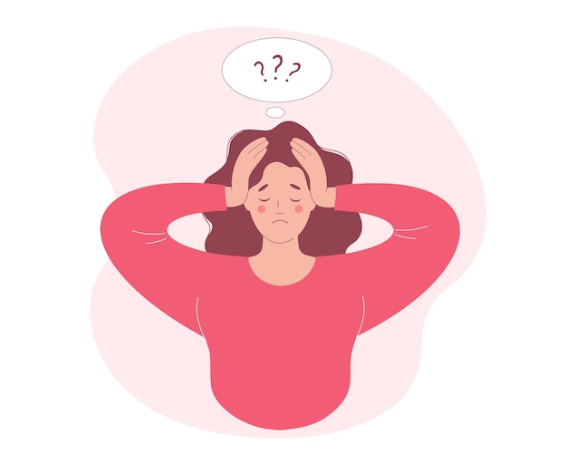 Une femme désespérée se tient la tête à deux mains Elle, dans l'indécision, la dépression remet en question l'incertitude