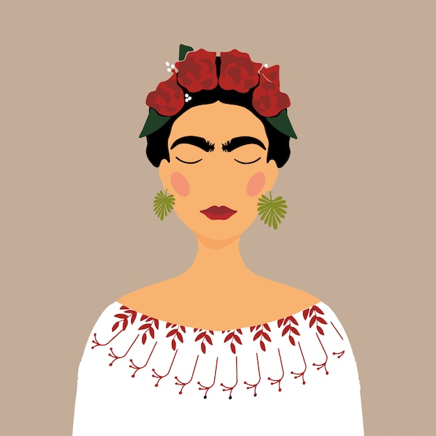 Femme de dessin animé mexicain avec une couronne de fleurs dans les cheveux