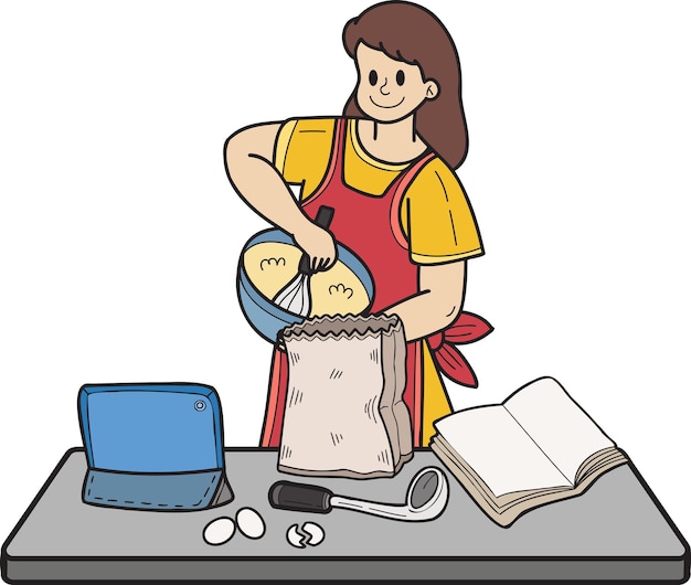 Femme dessinée à la main apprenant à cuisiner à partir de l'illustration d'internet dans un style doodle