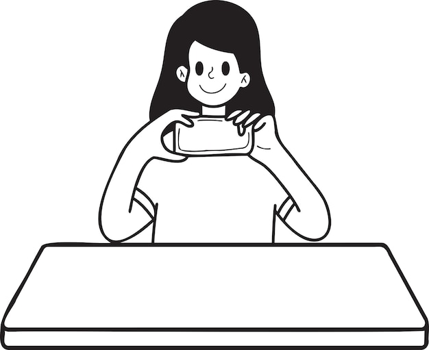 Femme dessinée à la main prenant une photo sur l'illustration de la table à manger dans un style doodle