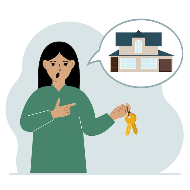 Vecteur une femme détient les clés de la maison et dans ses pensées une belle maison le concept d'achat location vente immobilier