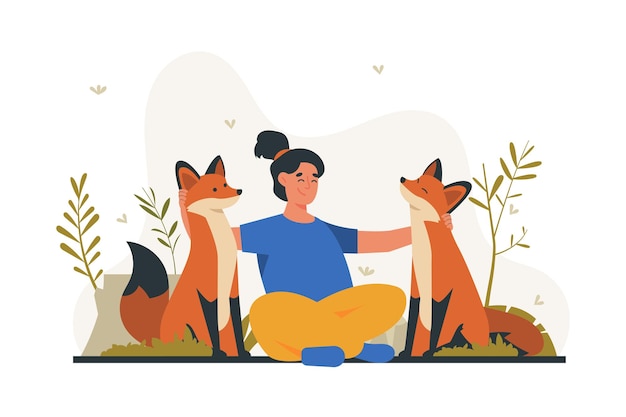 Une femme avec deux renards.