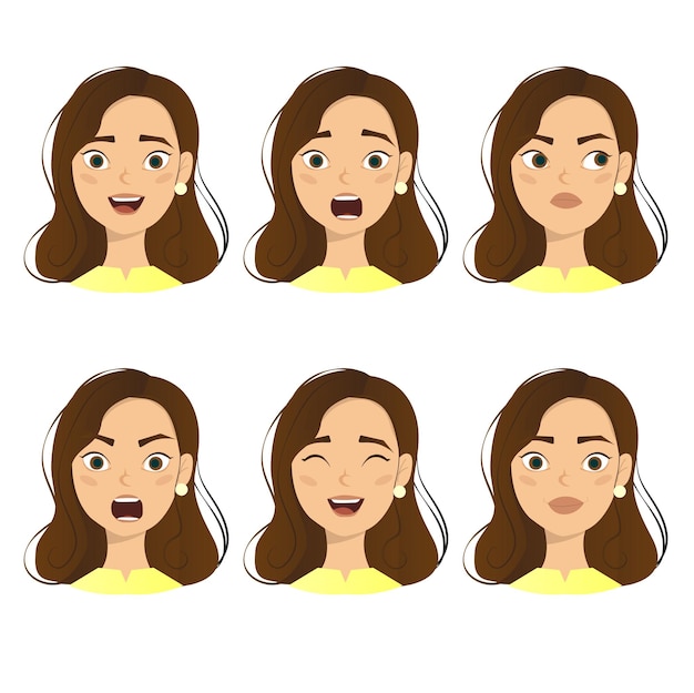 Vecteur femme avec différentes expressions du visage