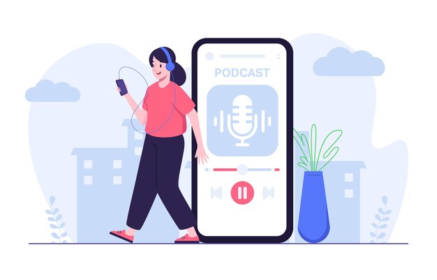 Vecteur femme diffusant de l'audio en podcast à l'aide d'une application mobile tout en marchant