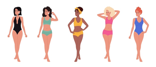 Femme diversifiée en sous-vêtements Femmes de couleur de peau de cheveux de beauté différente Femmes en maillot de bain portrait de groupe Jeunes belles femmes multiethniques de différentes nationalités