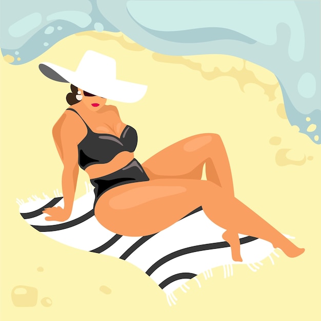 Vecteur femme dodue en maillot de bain et chapeau se fait bronzer sur la plage près de l'illustration vectorielle de la mer ou de l'océan.