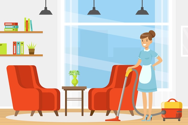 Femme domestique en tant que personnel d'hôtel dans le tablier L'aspirateur dans la pièce Illustration vectorielle