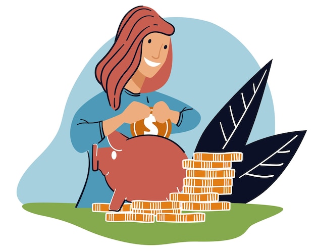 Femme économisant De L'argent Mettant Dans Le Vecteur De Tirelire
